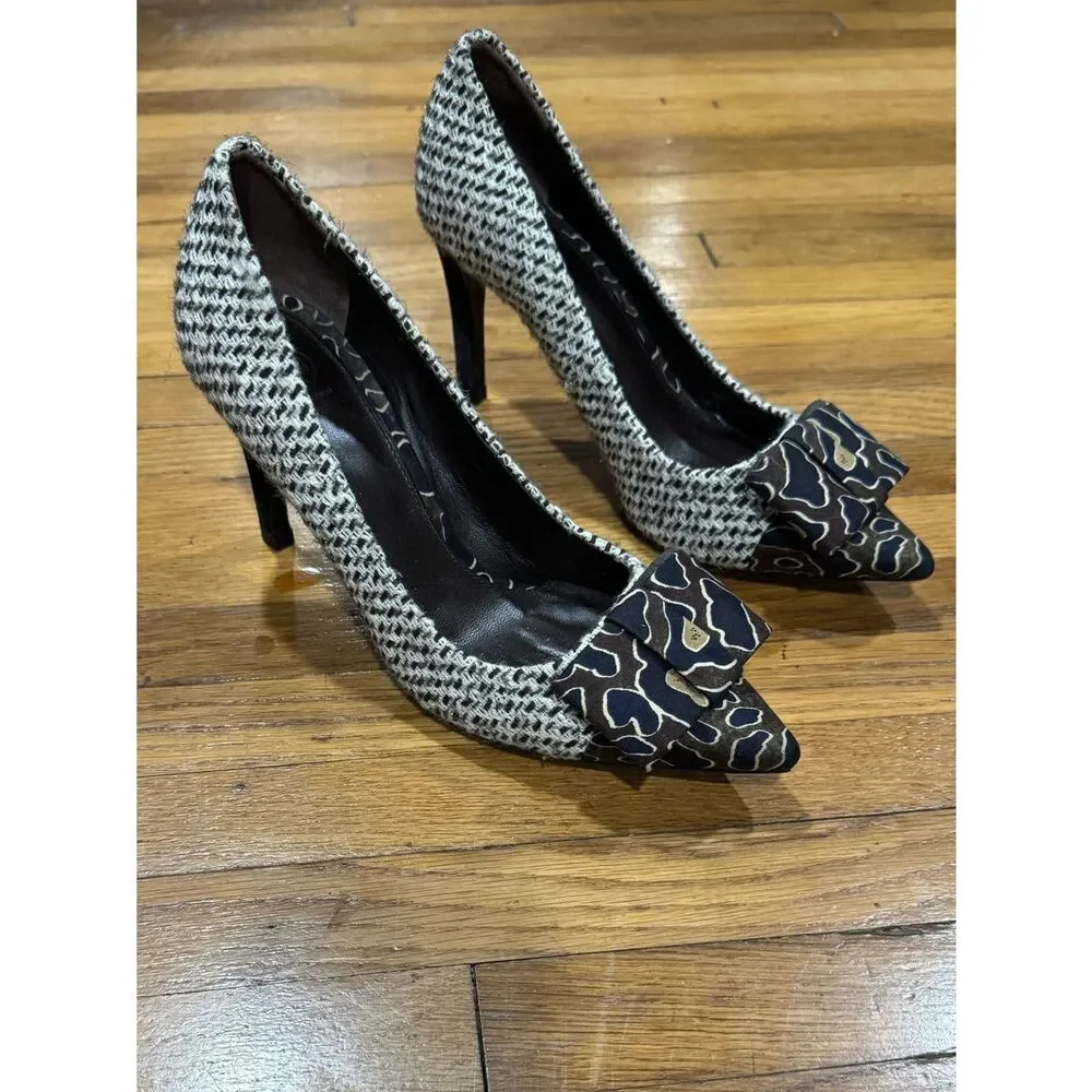 Tory Burch Cleo Tweed and Silk Patterned Bow Woven Pointed-Toe High Heels